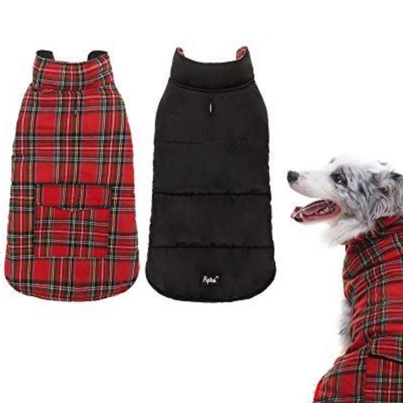 NEW REVERSIBLE Dog Coat XS Plaid Red Black + Red / Denim Leash - Picture 15 of 15